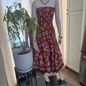 Francesca's burnt orange Floral Strapless Smocked Midi Dress